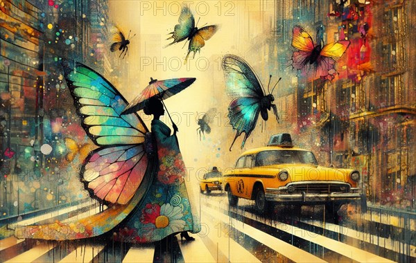 Vibrant painting of a woman with butterfly wings crossing the road with a yellow taxi nearby,