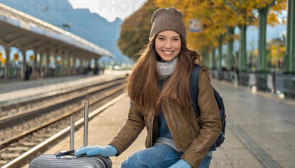 AI generated, A young blonde woman wants to travel and waits for the train at the station, 20, 25,