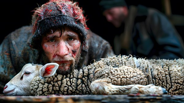 A butcher looks sadly over a young freshly slaughtered lamb, AI generated, AI generated,