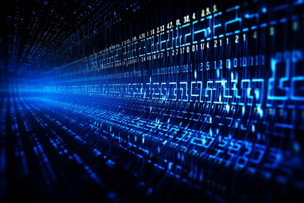 Blue dynamic digital data streams, showcasing flowing lines of code in a mesmerizing pattern, ideal