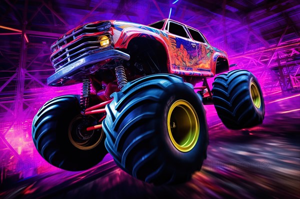 Monster truck with neon lighting, jumping off-road in cloud of dust. Excitement and thrill of an