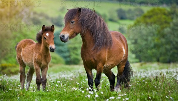KI generated, animal, animals, mammal, mammals, biotope, habitat, two, mare and foal, foraging,