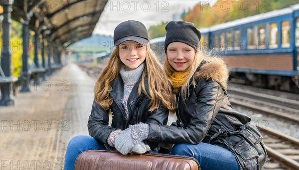AI generated, Two young blonde woman want to travel and wait in the station for the train, 18,