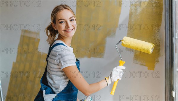 AI generated, woman, woman, a young girl paints a wall with new paint, yellow, yellow, renovation