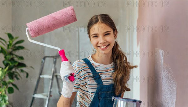 AI generated, woman, woman, a young girl paints a wall with new colour, pink, pink, renovation of