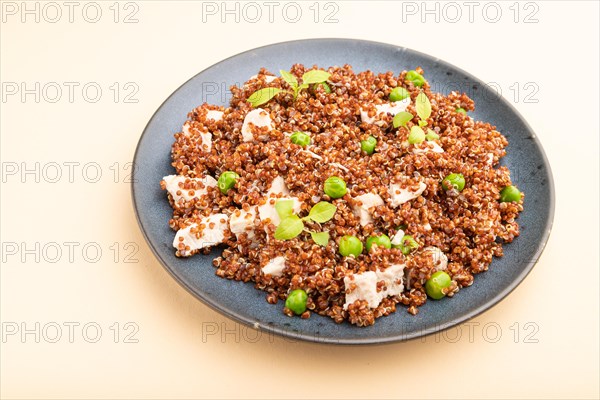 Quinoa porridge with green pea and chicken on ceramic plate on a pastel orange background. Side