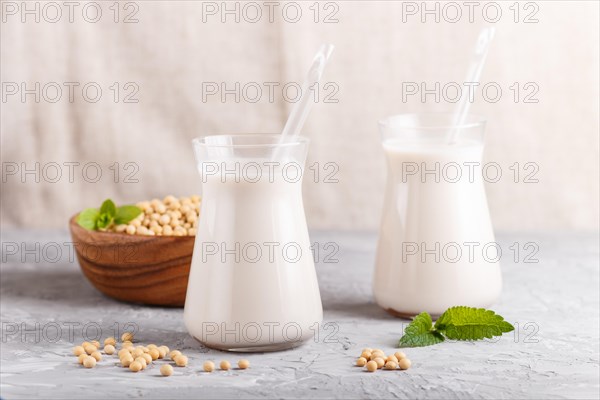 Organic non dairy soy milk in glass and wooden plate with soybeans on a gray concrete background.