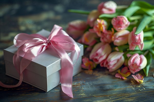 Gift Box with Pink Ribbon Beside bouquet of Fresh Tulips. Background for Valentine day, March 8,