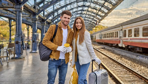 AI generated, A young couple wants to travel and is waiting for the train at the station, 20, 25,