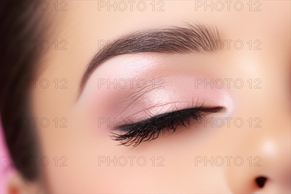 Close up of woman's eye with pink eyeshadow and long black fake eyelashes. KI generiert, generiert