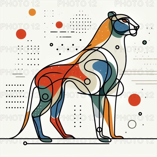 Abstract geometric representation of a lion with colorful shapes and minimalist style, continuous