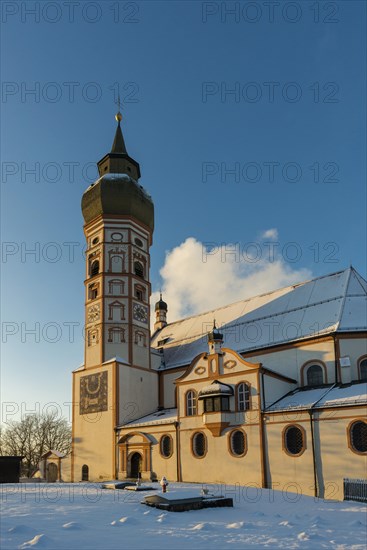 Andechs Monastery in winter, sunset, Fuenfseenland, Pfaffenwinkel, Upper Bavaria, Bavaria, Germany,