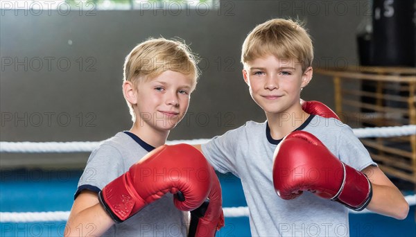 AI generated, boy, boys, 8, 10, years, Thai, sport, boxing, gloves, Thai boxing, Muay Thai, two