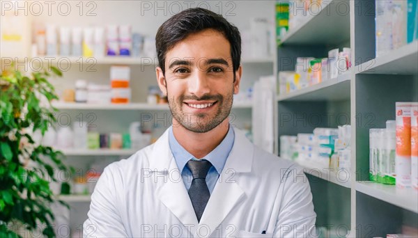 AI generated, A young pharmacist in his pharmacy, portrait, 30, 35, years, man, men, male, bearded,