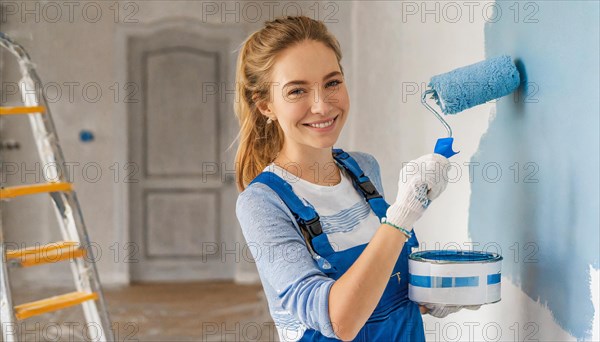 AI generated, woman, woman, a young girl paints a wall with new paint, blue, light blue, blue,