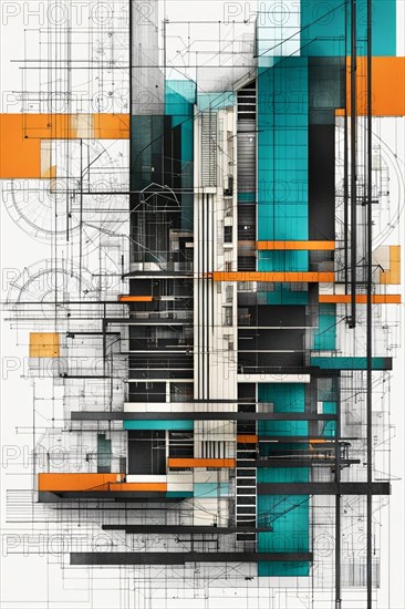 Abstract geometric artwork with overlapping architectural elements in teal and orange, vertical