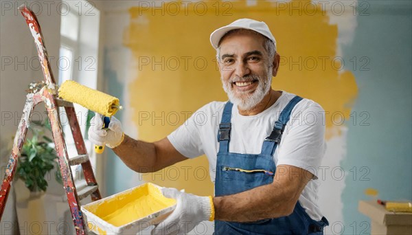 AI generated, man, men, a painter paints a wall with new yellow paint, father, renovation of old