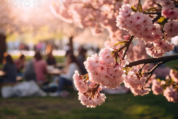 Pink sakura Cherry tree flowers with people gathering on picnic blankets in blurry background