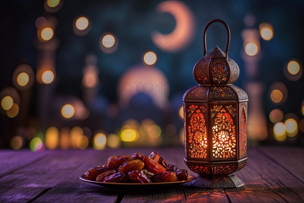 Ramadan lantern with a plate of succulent figs in violet purple tones with mosque and moon, set on
