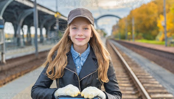 AI generated, A young blonde woman wants to travel and waits for the train at the station, 20, 25,