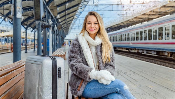 AI generated, A young blonde woman wants to travel and waits for the train at the station, 20, 25,