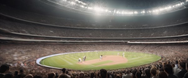 Motion-blurred view of a crowded stadium during a baseball game, horizontal wide aspect ratio,