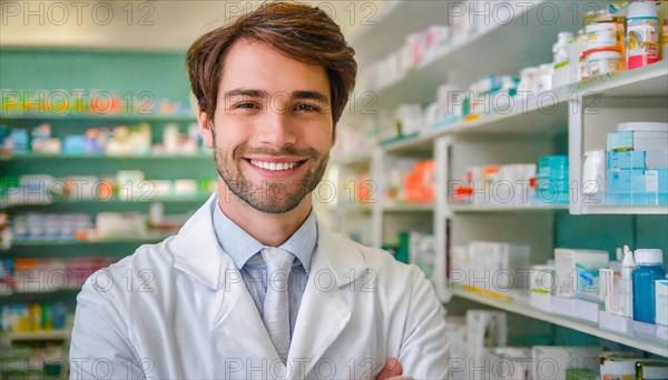 AI generated, A young pharmacist in his pharmacy, portrait, 30, 35, years, man, men, male, bearded,