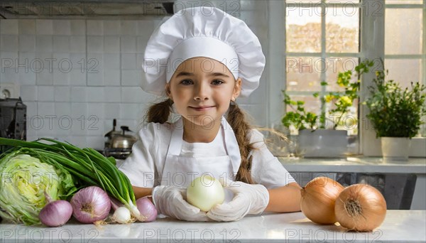 AI generated, human, humans, person, persons, child, children, 8 year old girl cutting onions in a