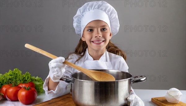 AI generated, human, humans, person, persons, child, children, 8 year old girl cooking a vegetable