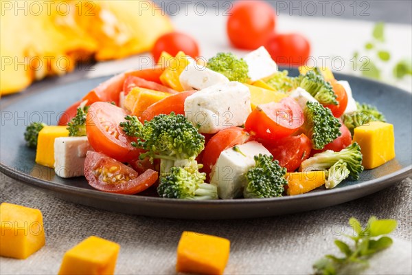 Vegetarian salad with broccoli, tomatoes, feta cheese, and pumpkin on a blue ceramic plate on a
