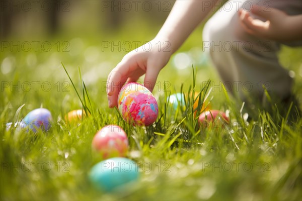 Child's hand picking up painted egg from grass during Easter egg hunt. KI generiert, generiert AI