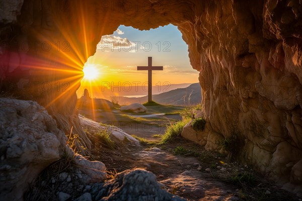 Easter concept cross on Golgotha Calvary hill against a dramatic sunset seen from open tomb of