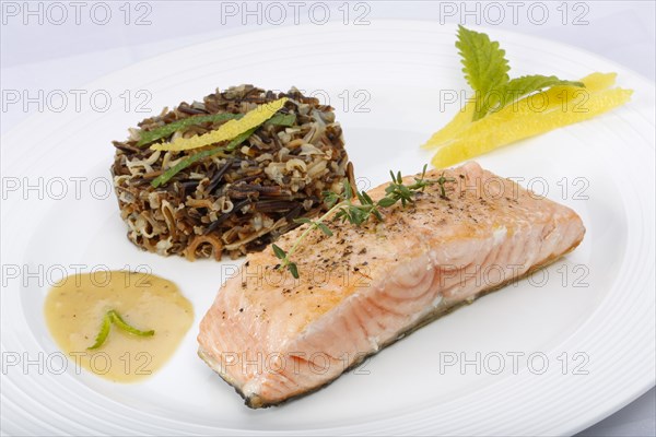 Southern German cuisine, fillet of Dreisam salmon with wild rice and lemon sauce, salmon fillet,