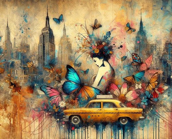 Stylized scene with a woman surrounded by butterflies near a vintage taxi against a city skyline,