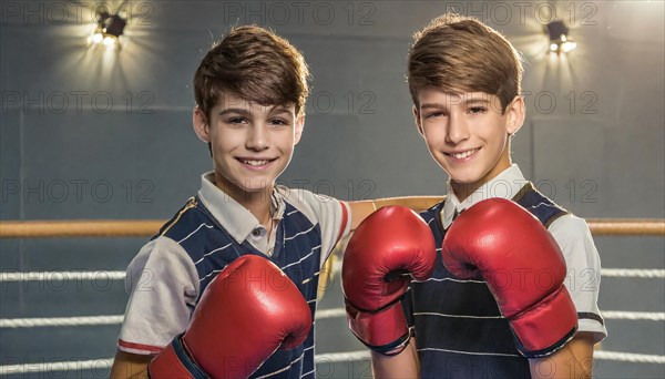 AI generated, boy, boys, 8, 10, years, Thai, sport, boxing, gloves, Thai boxing, Muay Thai, two