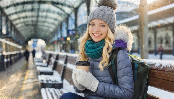 AI generated, A young blonde woman wants to travel and waits for the train at the station, 20, 25,