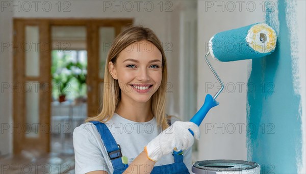 AI generated, woman, woman, a young girl paints a wall with new colour, blue, blue, blue door,