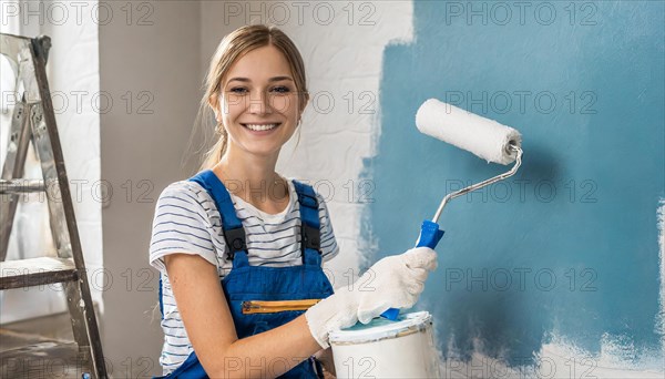 AI generated, woman, woman, a young girl paints a wall with new paint, blue, light blue, blue,