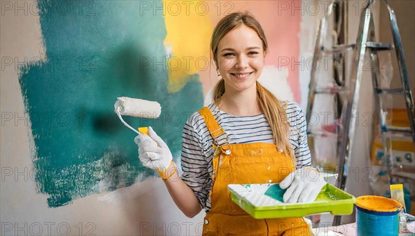 AI generated, woman, woman, a young girl paints a wall with new paint, white, white, renovation of