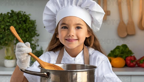 AI generated, human, humans, person, persons, child, children, 8 year old girl cooking a vegetable