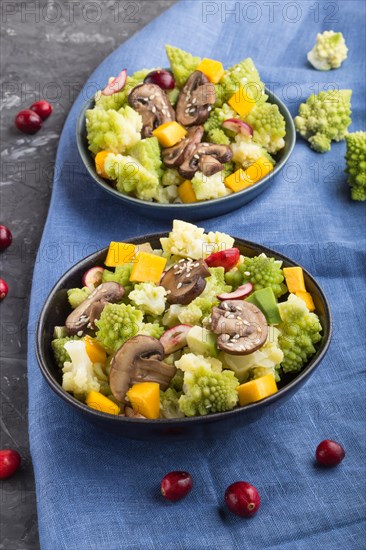 Vegetarian salad from romanesco cabbage, champignons, cranberry, avocado and pumpkin on a black