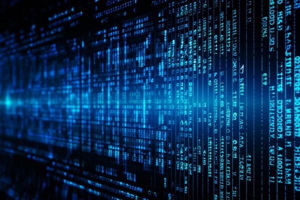 Blue dynamic digital data streams, showcasing flowing lines of code in a mesmerizing pattern, ideal