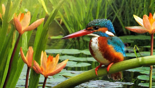 KI generated, animal, animals, bird, birds, biotope, habitat, a, individual, water, perch, reeds,