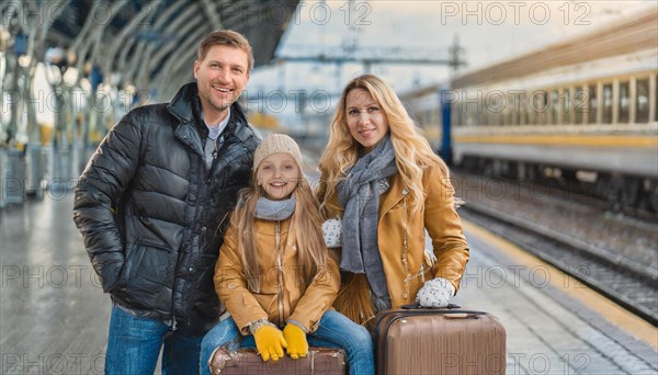 AI generated, A young family wants to travel and waits in the station for the train, 30, 35, years,