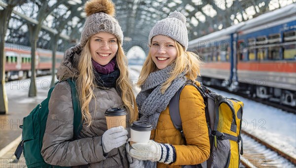 AI generated, Two young blonde woman want to travel and wait in the station for the train, 20, 25,
