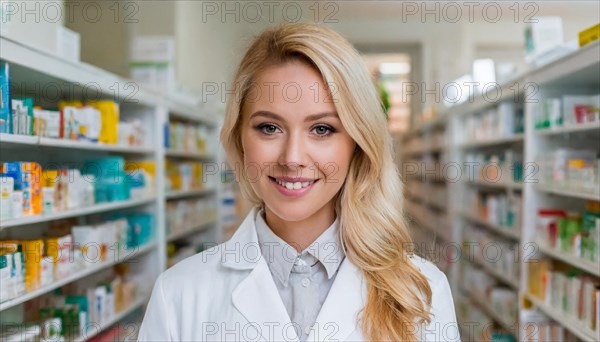 AI generated, A young pharmacist in her pharmacy, portrait, 30, 35, years, female, blonde, blond,