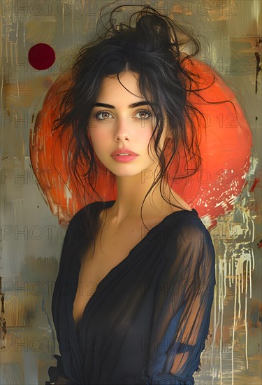 Young woman with pinned up black hair and wrapped in a silk dress, in the background a modern