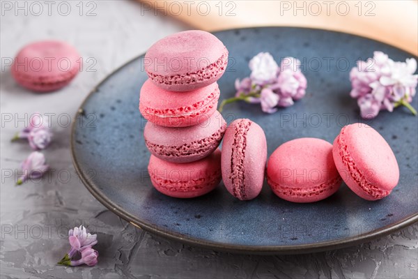 Purple and pink macaron or macaroon cakes with lilac flowers on blue ceramic plate on a gray