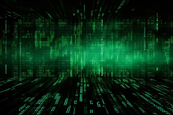 Green dynamic digital data streams, showcasing flowing lines of code in a mesmerizing pattern,