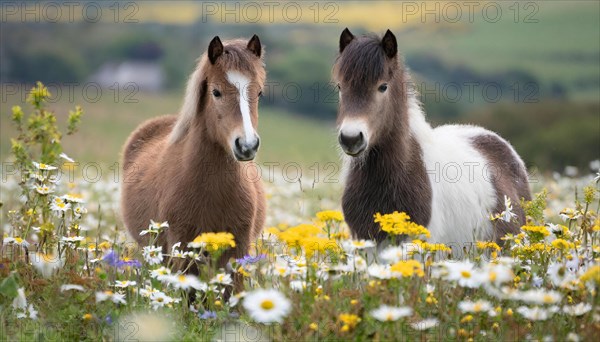 KI generated, animal, animals, mammal, mammals, biotope, habitat, two, flower meadow, foraging,